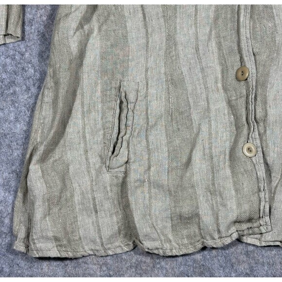 FLAX Linen Button Up Shirt Women’s XL Oatmeal Lagenlook 3/4 Sleeve Striped Tunic - Picture 3 of 9